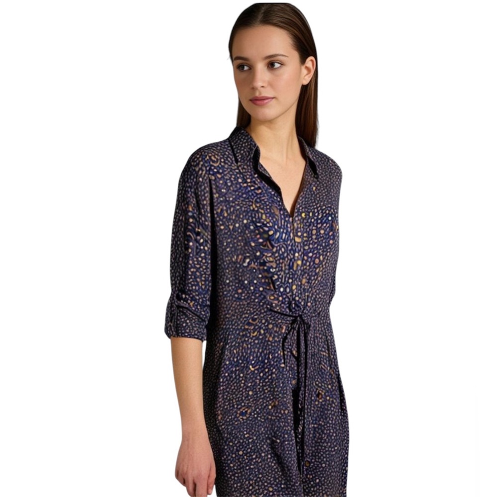Piazza Del Tempio Blue Floral Print Long Sleeve Button Up Tie Waist Shirt Dress